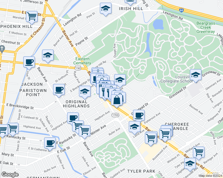 map of restaurants, bars, coffee shops, grocery stores, and more near in Louisville