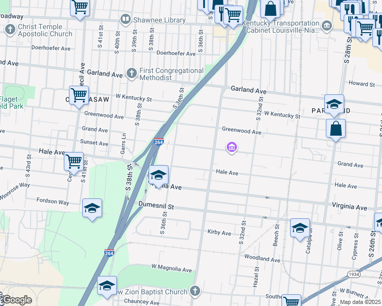 map of restaurants, bars, coffee shops, grocery stores, and more near 3521 Hale Avenue in Louisville
