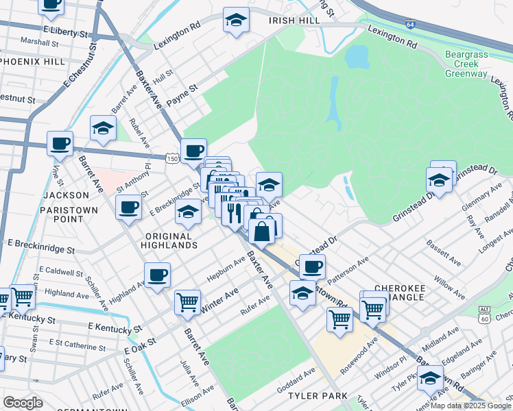 map of restaurants, bars, coffee shops, grocery stores, and more near in Louisville
