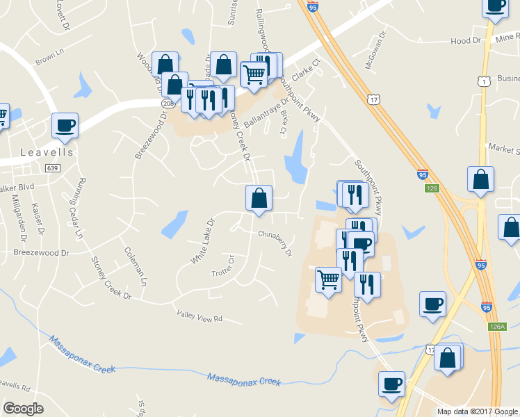 map of restaurants, bars, coffee shops, grocery stores, and more near 5169 Dominion Drive in Fredericksburg