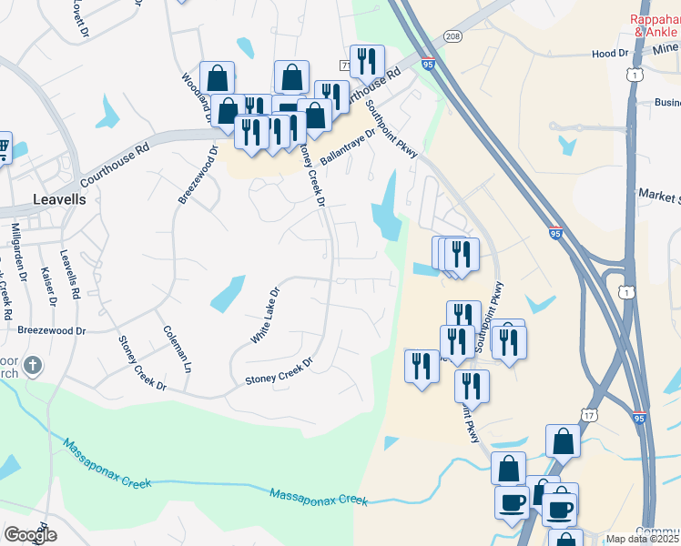map of restaurants, bars, coffee shops, grocery stores, and more near 5169 Dominion Drive in Fredericksburg