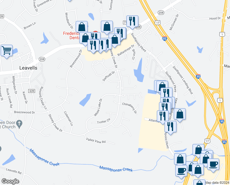 map of restaurants, bars, coffee shops, grocery stores, and more near 2025 White Lake Drive in Fredericksburg