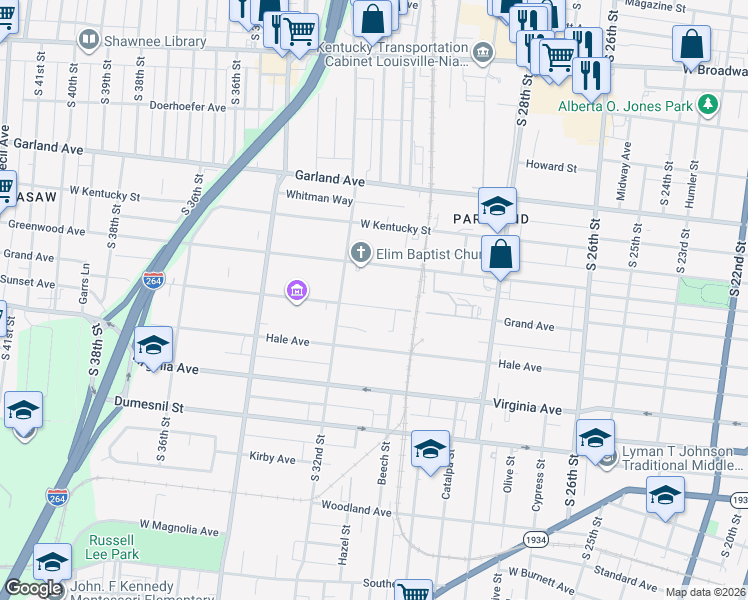 map of restaurants, bars, coffee shops, grocery stores, and more near 3053 Grand Avenue in Louisville