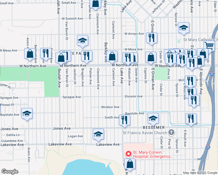 map of restaurants, bars, coffee shops, grocery stores, and more near 1502 Berkley Avenue in Pueblo