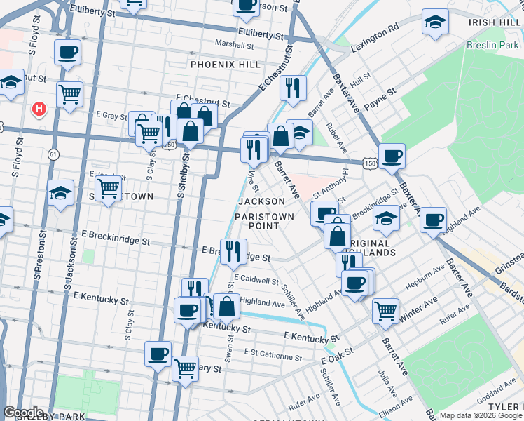 map of restaurants, bars, coffee shops, grocery stores, and more near in Louisville