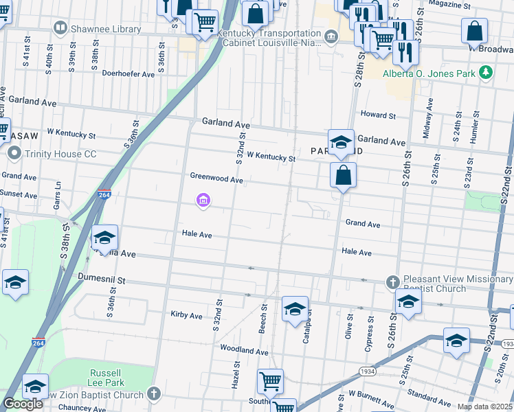 map of restaurants, bars, coffee shops, grocery stores, and more near 3055 Grand Avenue in Louisville