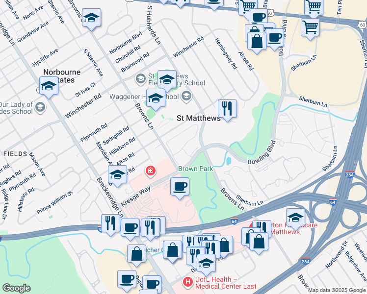 map of restaurants, bars, coffee shops, grocery stores, and more near 504 Tower Drive in Louisville