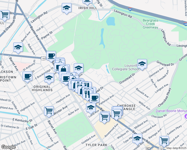 map of restaurants, bars, coffee shops, grocery stores, and more near 2211 Dearing Court in Louisville