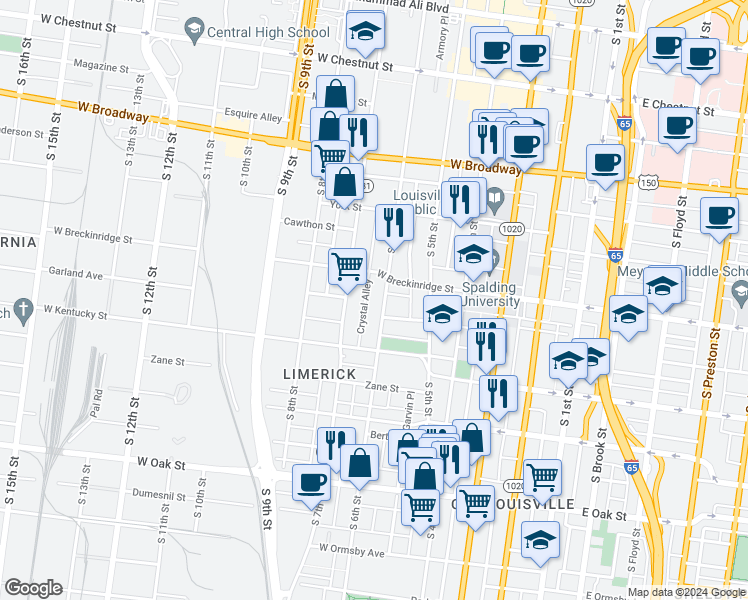 map of restaurants, bars, coffee shops, grocery stores, and more near 931 South 6th Street in Louisville