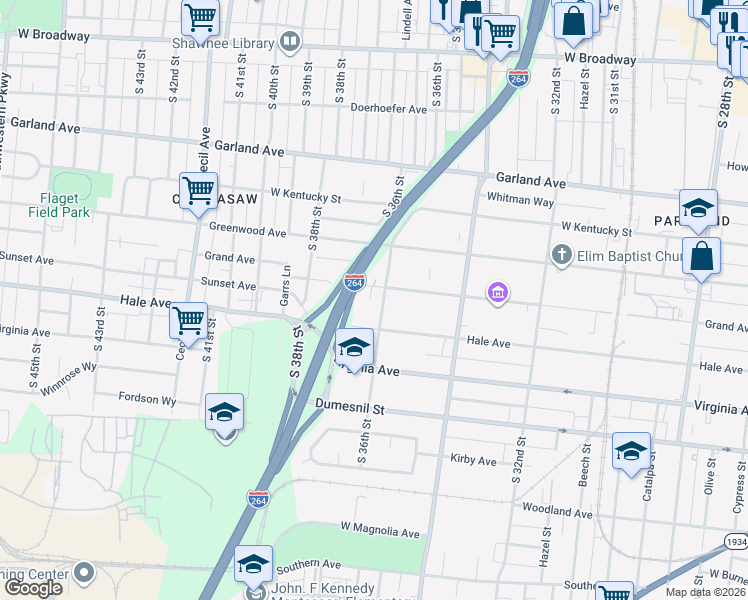 map of restaurants, bars, coffee shops, grocery stores, and more near 1109 Canopy Court in Louisville