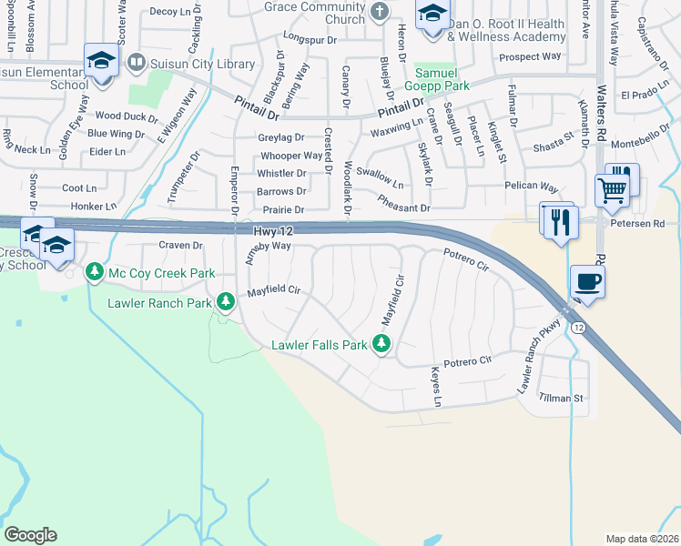 map of restaurants, bars, coffee shops, grocery stores, and more near 340 Childs Court in Suisun City