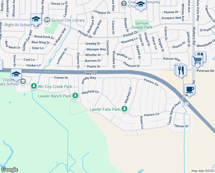 map of restaurants, bars, coffee shops, grocery stores, and more near 420 Canfield Court in Suisun City