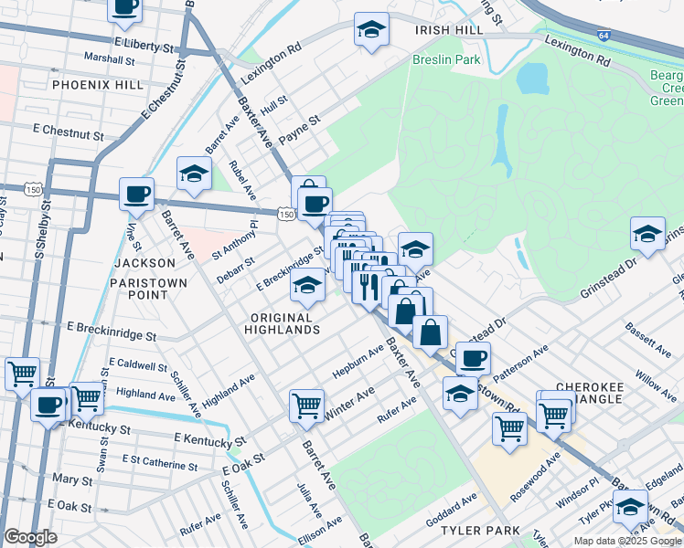 map of restaurants, bars, coffee shops, grocery stores, and more near 942 U.S. 150 in Louisville