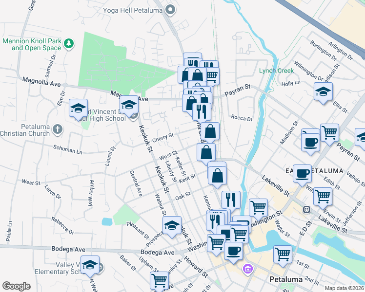 map of restaurants, bars, coffee shops, grocery stores, and more near 618 Keller Street in Petaluma