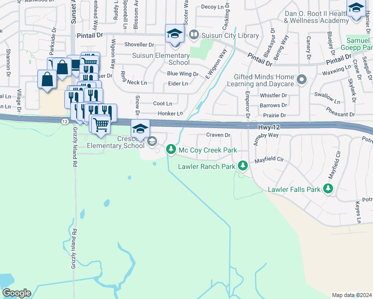 map of restaurants, bars, coffee shops, grocery stores, and more near 955 Bauman Court in Suisun City