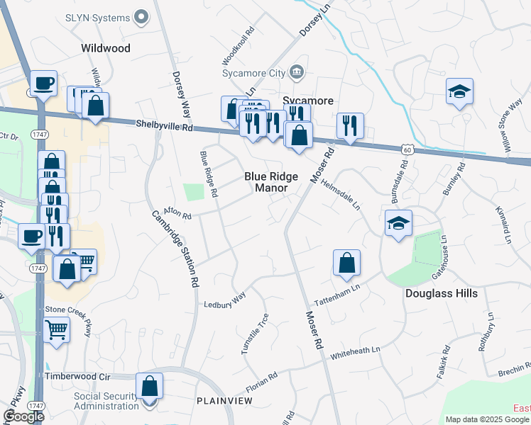 map of restaurants, bars, coffee shops, grocery stores, and more near 415 Rosewood Court in Blue Ridge Manor