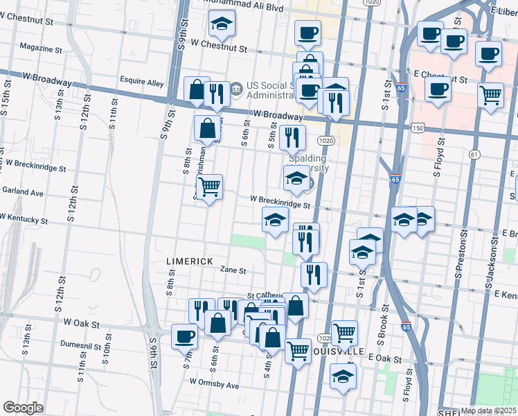 map of restaurants, bars, coffee shops, grocery stores, and more near 900 South 5th Street in Louisville
