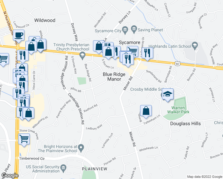 map of restaurants, bars, coffee shops, grocery stores, and more near 409 Rosewood Court in Louisville