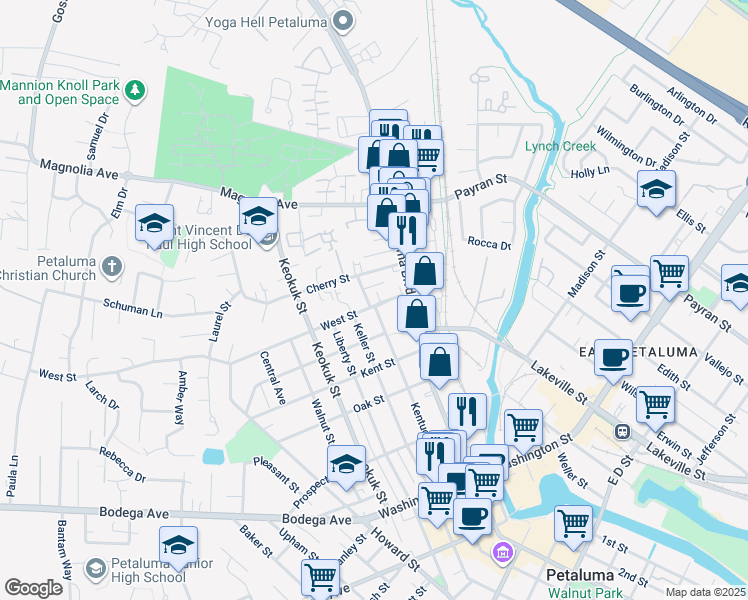 map of restaurants, bars, coffee shops, grocery stores, and more near 618 Keller Street in Petaluma