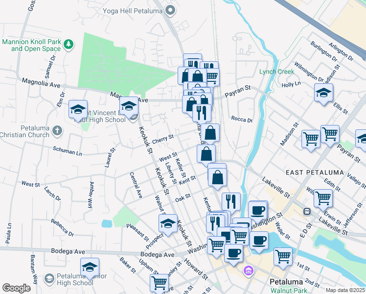 map of restaurants, bars, coffee shops, grocery stores, and more near 618 Keller Street in Petaluma