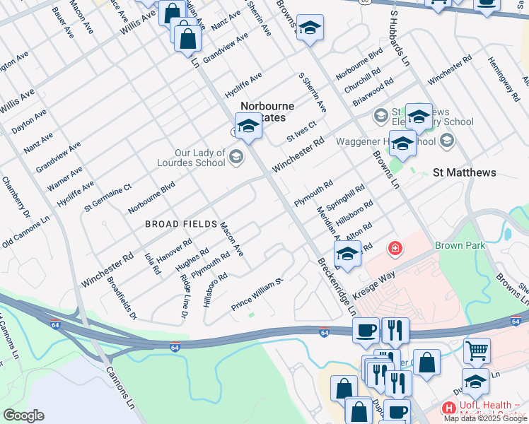 map of restaurants, bars, coffee shops, grocery stores, and more near 3710 Hughes Road in Louisville