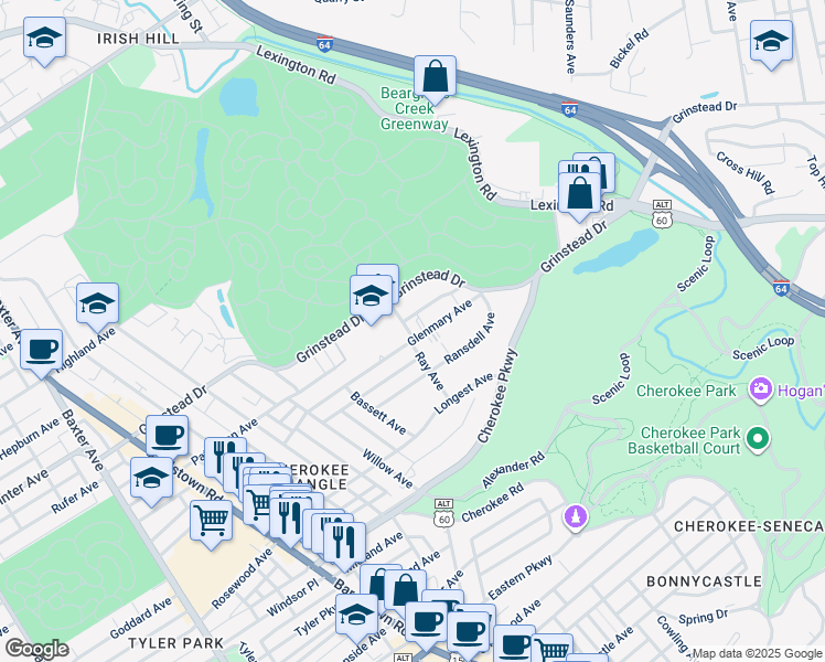 map of restaurants, bars, coffee shops, grocery stores, and more near 2466 Glenmary Avenue in Louisville