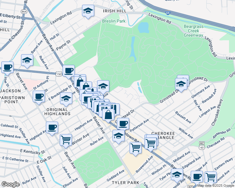 map of restaurants, bars, coffee shops, grocery stores, and more near 1028 Everett Avenue in Louisville