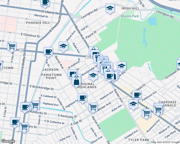 map of restaurants, bars, coffee shops, grocery stores, and more near 1430 Christy Avenue in Louisville