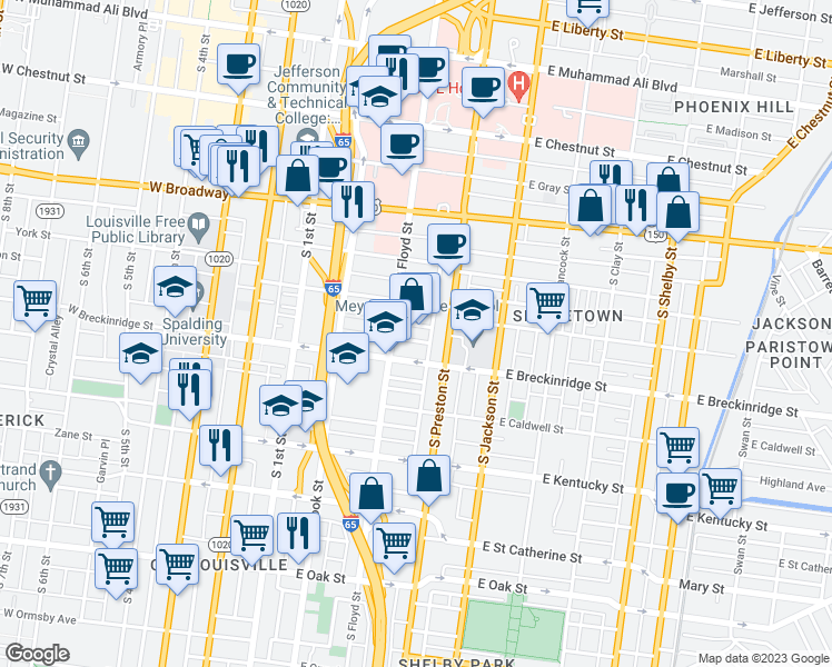 map of restaurants, bars, coffee shops, grocery stores, and more near in Louisville