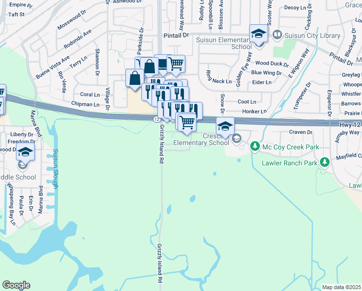 map of restaurants, bars, coffee shops, grocery stores, and more near 1225 McCoy Creek Way in Suisun City