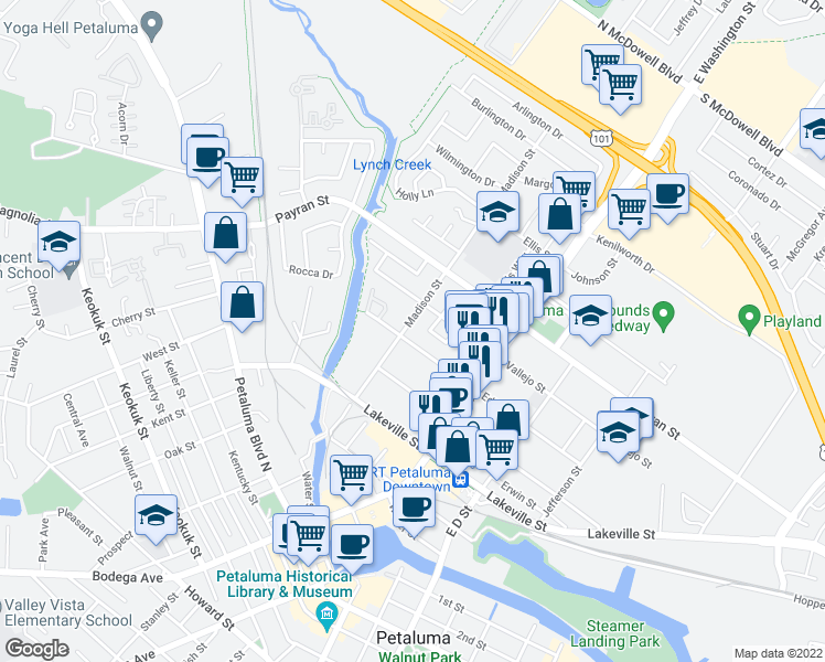 map of restaurants, bars, coffee shops, grocery stores, and more near 615 Madison Street in Petaluma