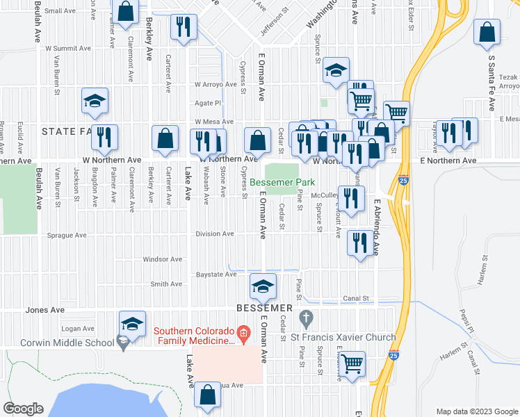 map of restaurants, bars, coffee shops, grocery stores, and more near 1411 East Orman Avenue in Pueblo