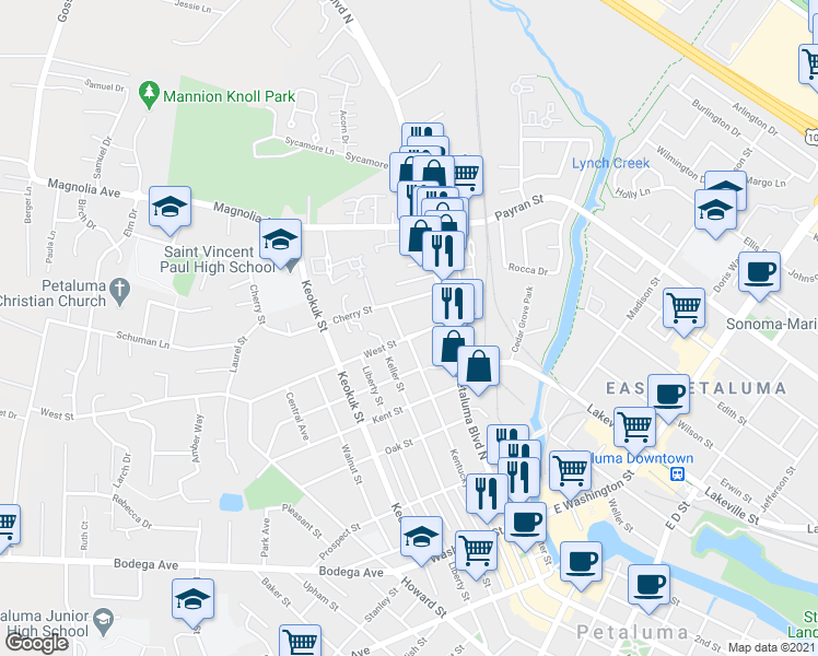 map of restaurants, bars, coffee shops, grocery stores, and more near 31 Cherry Street in Petaluma
