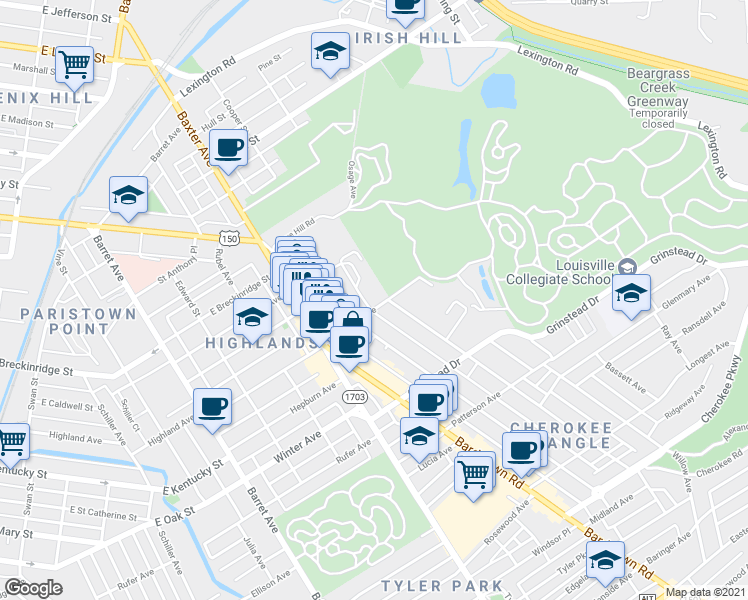 map of restaurants, bars, coffee shops, grocery stores, and more near 953 Eastern Star Court in Louisville