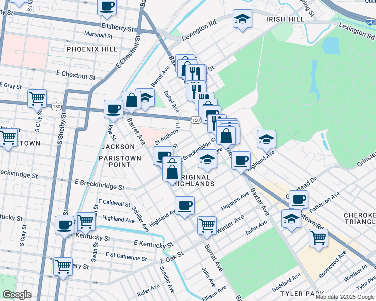 map of restaurants, bars, coffee shops, grocery stores, and more near 1419 Debarr Street in Louisville