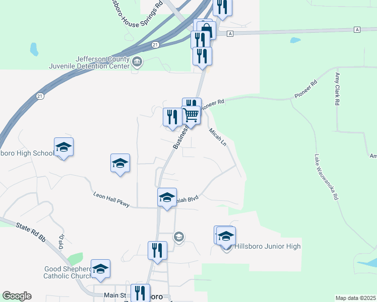 map of restaurants, bars, coffee shops, grocery stores, and more near 10330 Missouri 21 Business in Hillsboro