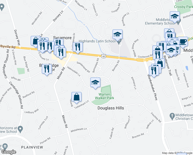 map of restaurants, bars, coffee shops, grocery stores, and more near 10807 Gatehouse Lane in Douglass Hills
