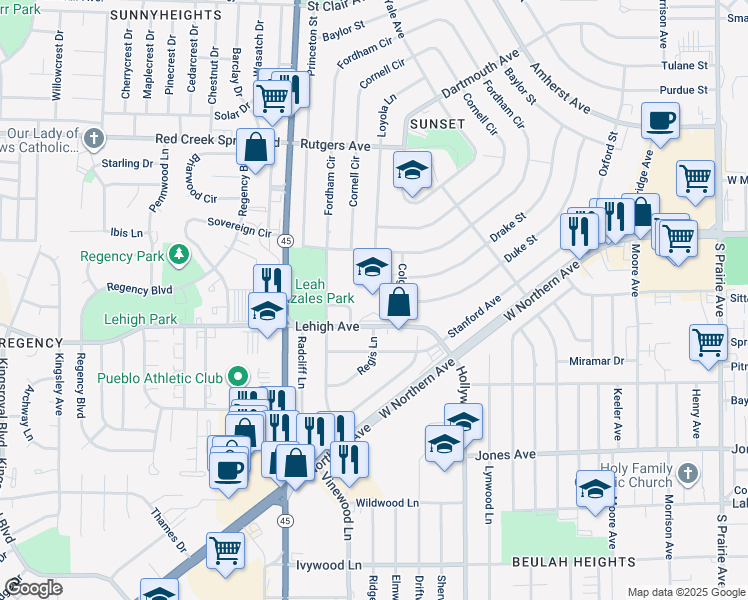 map of restaurants, bars, coffee shops, grocery stores, and more near 29 Lehigh Avenue in Pueblo