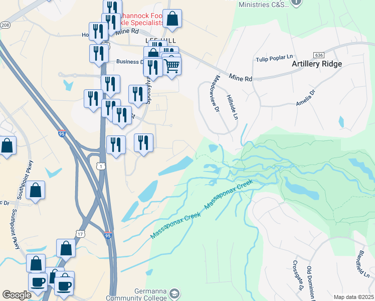 map of restaurants, bars, coffee shops, grocery stores, and more near 4933 Wensel Road in Fredericksburg