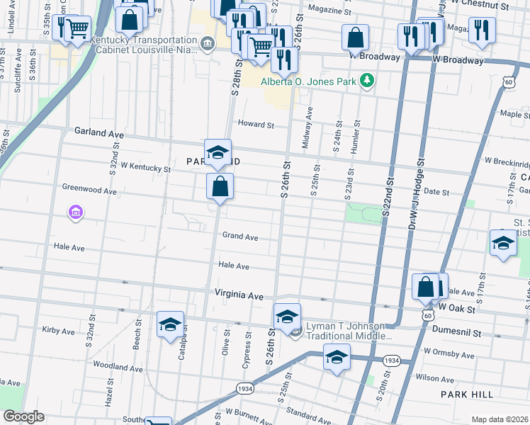 map of restaurants, bars, coffee shops, grocery stores, and more near 2618 Greenwood Avenue in Louisville