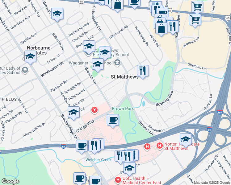 map of restaurants, bars, coffee shops, grocery stores, and more near 4010 Waterford Circle in Saint Matthews