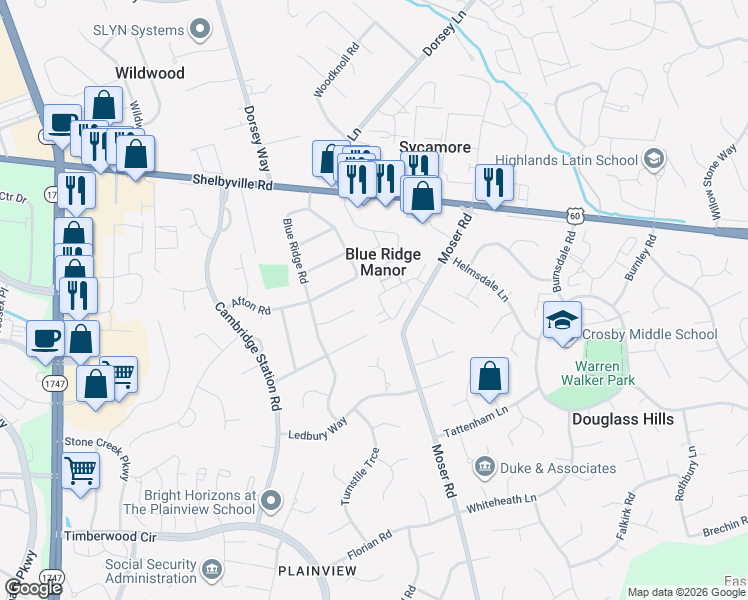 map of restaurants, bars, coffee shops, grocery stores, and more near 403 Rosewood Court in Blue Ridge Manor