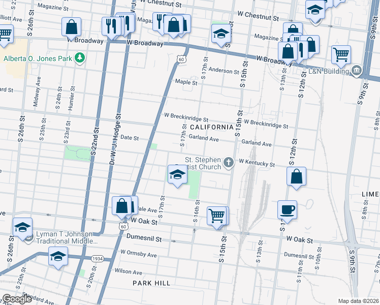 map of restaurants, bars, coffee shops, grocery stores, and more near 934 South 17th Street in Louisville