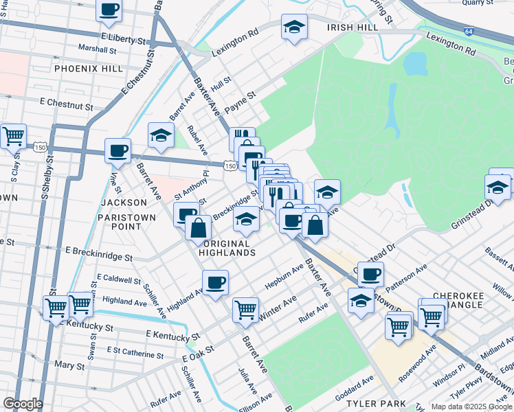 map of restaurants, bars, coffee shops, grocery stores, and more near 900 Baxter Avenue in Louisville