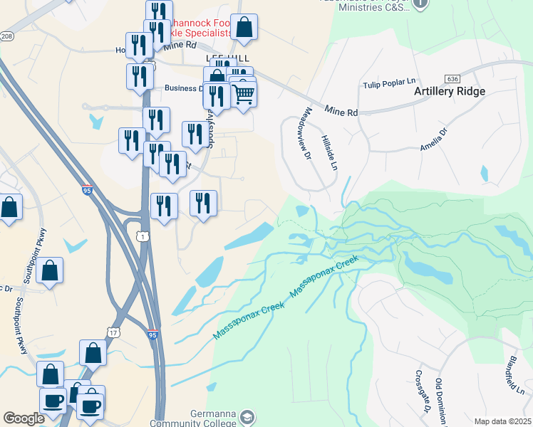 map of restaurants, bars, coffee shops, grocery stores, and more near 4935 Wensel Road in Fredericksburg