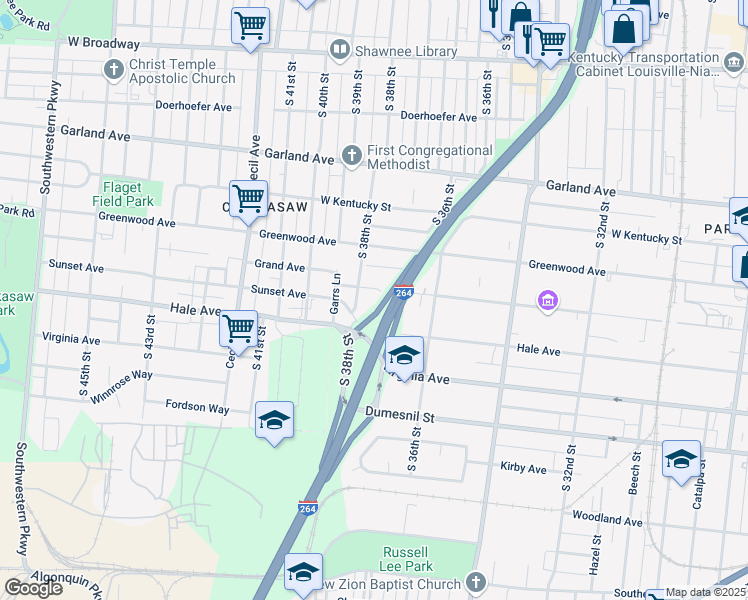 map of restaurants, bars, coffee shops, grocery stores, and more near 3708 Grand Avenue in Louisville