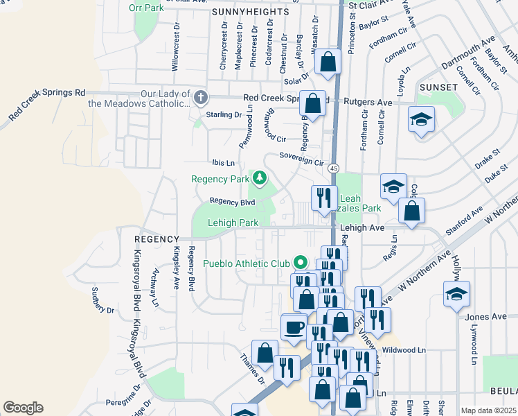 map of restaurants, bars, coffee shops, grocery stores, and more near 76 Regency Boulevard in Pueblo