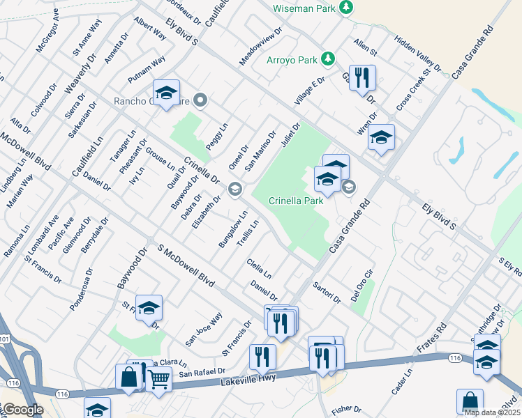 map of restaurants, bars, coffee shops, grocery stores, and more near 1051 Crinella Drive in Petaluma