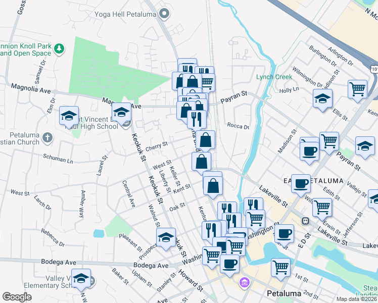 map of restaurants, bars, coffee shops, grocery stores, and more near 709 Petaluma Boulevard South in Petaluma