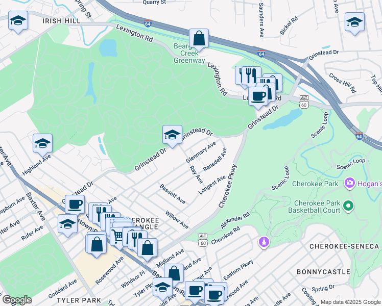 map of restaurants, bars, coffee shops, grocery stores, and more near 2448 Grinstead Drive in Louisville
